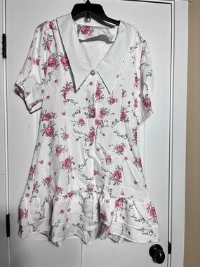 White Floral Button-Front Dress with Pink Roses